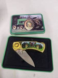 John Deere Tire Clock & John Deere Pocketknife with Tin Container