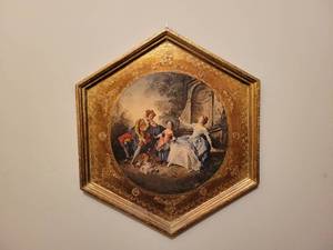 Hexagon pastoral scene wgold frame, amber glassware, vintage OvenServe bowl and plate