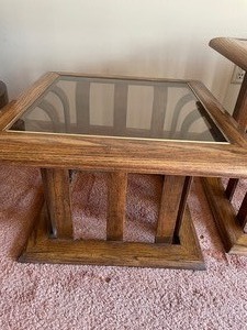 Two nesting wood & glass top end tables