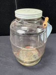 lot 603 image: Large Glass Jar Keg Barrel Style w Lid & Wooden Handle Used