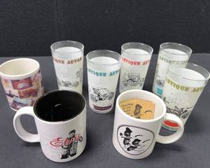 lot 601 image: Antique Autos Drinking Glass Cup Mug Classic Automobile Car 1909 and Others