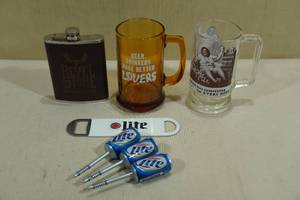 Assorted Novelty Beer Collectables -2 Mugs, Bottle Opener, Bobbers, Flask