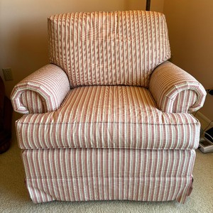 lot 31 image: Vintage Custom Made Striped Swivel Rocker by Sofas and Chairs