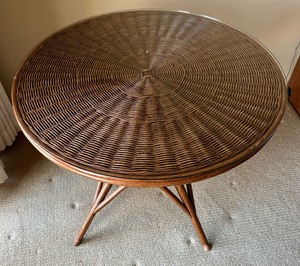 lot 34 image: Round Woven Wicker Glass Top Table
