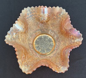 lot 62 image: Vintage Fenton Marigold Carnival Glass Grape and Floral Dish