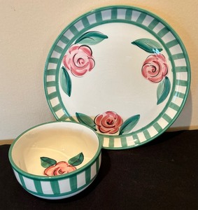 lot 97 image: Pink Floral Plate and Bowl Set by Nancy Calhoun of Portugal