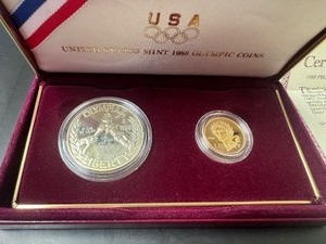 1988 US Olympic Proof Silver Dollar and Gold Five Dollar Coin Set with Box COA
