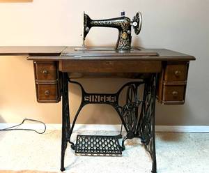 Antique Red Eye Singer Sewing Machine In Wood Cabinet