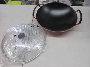 lot 15 image: Le Creuset Enameled Cast-Iron 14-14-Inch Wok with Glass Lid, Flame - NEW