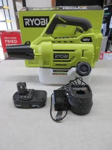 lot 19 image: RYOBI ONE 18-Volt Lithium-Ion Cordless Mister with 2.0 Ah Battery and Charger Included, Slightly Used, Works