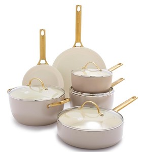 lot 37 image: GreenPan Reserve Hard Anodized Healthy Ceramic Nonstick 10 Piece Cookware Pots and Pans Set, Gold Handle, PFAS-Free, Dishwasher Safe, Oven Safe, Taupe Brown, NEW