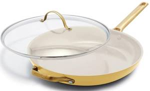 lot 102 image: GreenPan Reserve Hard Anodized Healthy Ceramic Nonstick 12 Frying Pan Skillet with Helper Handle and Lid, Gold Handle, PFAS-Free, Dishwasher Safe, Oven Safe, Sunrise Yellow  - New, Slight enamel chip.