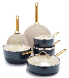 lot 105 image: GreenPan Reserve Hard Anodized Healthy Ceramic Nonstick 10 Piece Cookware Pots and Pans Set, Gold Handle, PFAS-Free, Dishwasher Safe, Oven Safe, Twilight Blue - Outsides of Pans are Scratched (See Photos)