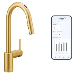 lot 123 image: Moen Align Brushed Gold Modern Smart Faucet Touchless Pull Down Sprayer Kitchen Faucet with Voice Control and Power Boost, 7565EVBG - OPEN BOX, All Parts appear to be present. Faucet is in nice condition.