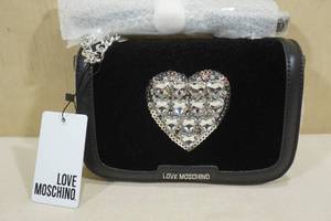 lot 94B image: Love Moschino Black Velvet Chain-Link Leather Crossbody Bag