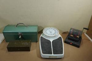 lot 245 image: Vintage Scale & Paymaster Check Writer with 2 Tool Boxes