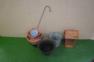 lot 248 image: Planters with Yard Hook and Bird Feeder