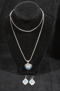 lot 131 image: Sodalite Heart Pendant with Chain and Earrings - Sterling Silver