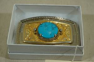lot 168 image: Western Style Belt Buckle with Hand Set Turquoise Stone