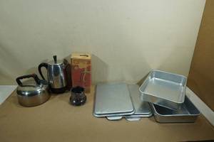 lot 227 image: Assorted Kitchenware -2 Metal Cakepans with Lids, Vintage Meat Grinder