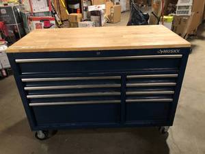 Husky 52 in. W x 25 in. D Standard Duty 9-Drawer Mobile Workbench Cabinet with Solid Wood Top in Gloss Blue    Customer Returns See Pictures