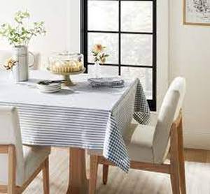 lot 12 image: Hearth & Hand Gingham Rectangular Woven Tablecloth BlueCream Stripe Cotton
