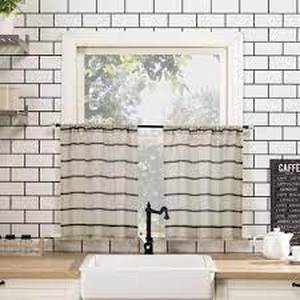 lot 92 image: Set of 2 Twill Striped Anti Dust Sheer Cafe Curtain - Clean Window-24x52-BlackBeige