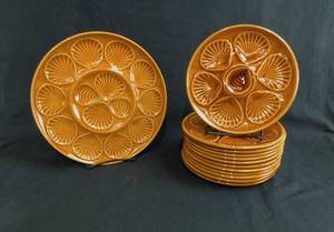 lot 12 image: Vintage French Majolica Oyster Platter and 12 Plates
