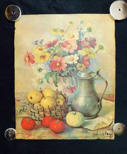 lot 49 image: Dutch Painter Henk Bos Vintage 1960s Floral Fruit Still Life Litho Print