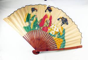 lot 1 image: Large Vintage Hand Painted Asian Paper and Wood Fan