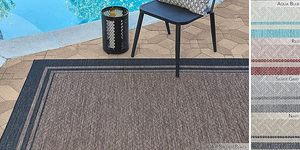 lot 26 image: Gertmenian Indoor Outdoor Area Rug, Classic Flatweave, Washable, Stain & UV Resistant Carpet, Deck, Patio, Poolside & Mudroom, 8x10 Ft Large, Simple Border, Black - BRAND NEW - RETAIL PRICE $169.99