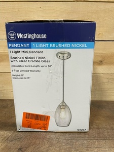lot 34 image: Westinghouse Lighting 6105700 One-Light Indoor Mini Pendant, Brushed Nickel Finish with Clear Crackle Glass - BRAND NEW - RETAIL PRICE 45