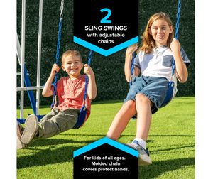 lot 47 image: Sportspower Albany Metal Swing Set with 2 Person Glider Swing, 2 Adjustable Sling Swing Seats, and 5 Double Wall Slide - BRAND NEW - RETAIL PRICE  $223.33