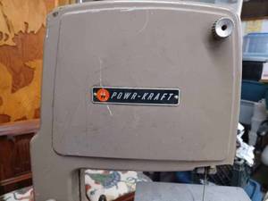 lot 5 image: Power-Kraft Bench Model Band Saw with 9-inch Throat and a 10-inch Square Table mounted on a home-made Wooden Bench 29-inches tall X 18-inches wide