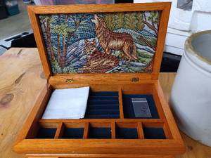 lot 11 image: Ornate Wood Jewelry Box and a Small Crock Jar with a Crack