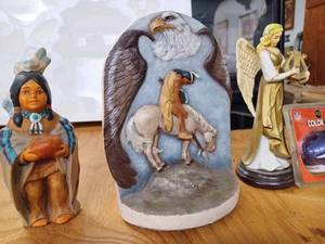 lot 81 image: Ceramic Native American Curios, Angel Curio, New NFL Color Chrome Miniature Minnesota Vikings Helmet in Original Package, Farmall M Christmas Ornament, Hotwheels Car and More