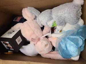 Box of stuffed toys, graduation gear and USA hats
