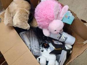Box of stuffed toys, grad gear, cups and more