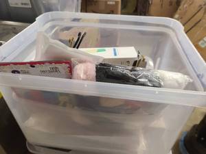 Storage bin of misc new goods for haircare and crafts