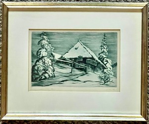 lot 159 image: Vintage Framed Artist Signed Artwork - Etching Print - Winter House