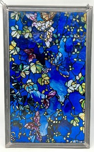 lot 25 image: Reproduction of JOHN LA FARGE BUTTERFLIES AND FOLIAGE Satined Glass Sun Catcher Window Panel