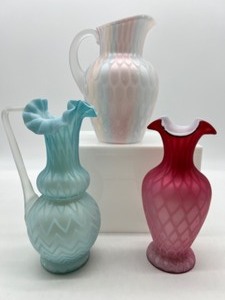 lot 24 image: Vintage Antique Air Trapped MOP Vase, and Pitchers - Damage - Please Read