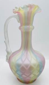 lot 33 image: Vintage Antique MOP Rainbow Diamond Quilted Pitcher with Applied Glass Thorn Handle