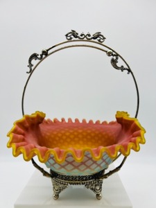 lot 4 image: Spectacular Vintage Antique MOP Diamond Quilted Glass Bridal Basket w Stand
