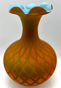 lot 9 image: Vintage Italian MOP Diamond Quilted Fluted Vase w Crimping - Cased Glass of Copper with Blue