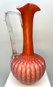 lot 12 image: Antique Vintage STEVENS & WILLIAMS - MOP Quilted Diamond Trapped Glass Ewer  Pitcher with Applied Thorn Handle