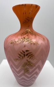 lot 16 image: Vintage Antique Herringbone MOP Cased Glass Vase Hand Painted