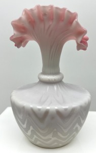 lot 18 image: Vintage Antique Herringbone MOP Cased White Glass w Pink Interior Vase