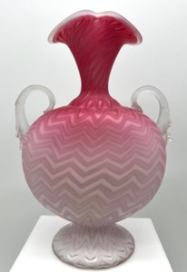 lot 20 image: Vintage Antique Herringbone MOP Double Handled Footed Glass Ewer