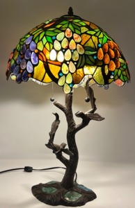 lot 2 image: Tiffany Style Stained Glass - Grapes and Birds Table Lamp